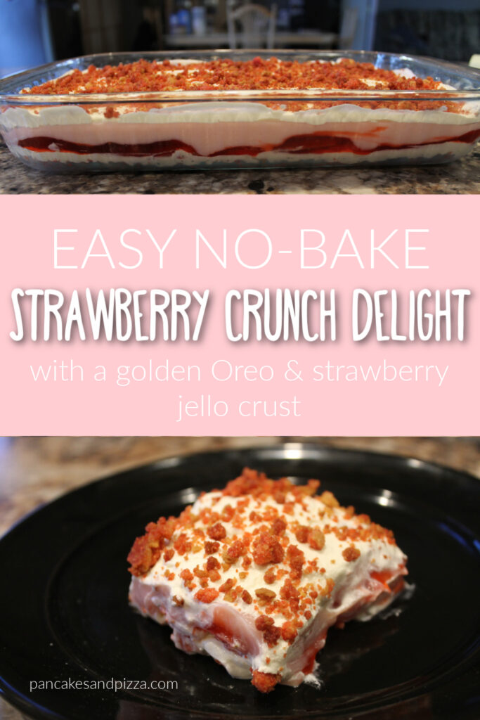 When you don't feel like baking but want something sweet, whip up this delicious strawberry dessert. It's reminiscent of those old-fashioned strawberry crunch ice cream bars but without the ice cream. 