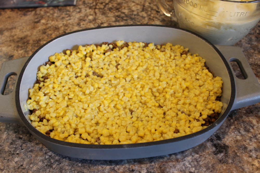 Shepherds pie with ground beef, corn, and mashed potatoes